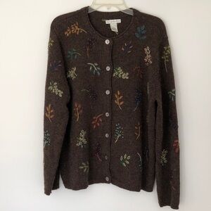 XL Wool Vintage Floral Embroidered Cardigan Sweater Button Up Leaves